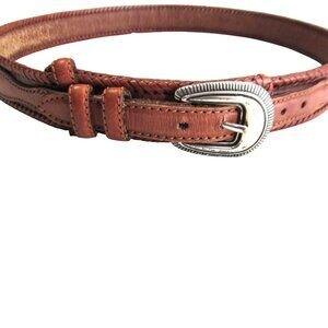 Womens Brown Leather Ranger Belt Size 33-35 Silver Tone Brass Hardware